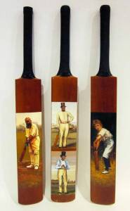 HAND-PAINTED CRICKET BATS: Full size cricket bats (3), with paintings in oil on front - one showing W.G.Grace; another "Captain of the Eleven", from the painting by Philip Hermogenes Calderon; last showing "Hillyer" & "Stephenson" (from the lithographs by