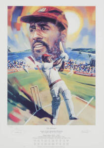 VIV RICHARDS, print "Sir Vivian" by Mark Sofilas, signed by Viv Richards and the artist, limited edition 112/300, window mounted, framed & glazed, overall 77x101cm. With CoA.