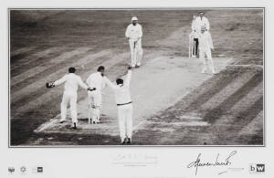 SHANE WARNE: Photograph "Ball of the Century" by Patrick Eagar, signed on mount by Shane Warne, limited edition 230/500, window mounted, framed & glazed, overall 78x58cm. With CoA.