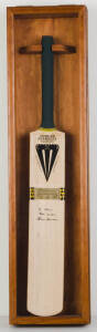 ALLAN BORDER, signature & endorsment ("To John") on full size "Duncan Fearnley" Cricket Bat, with brass plaque affixed noting his World Record 11,174 Test runs. In attractive display case, overall 25x96cm. [Border played 156 Tests 1978-94].