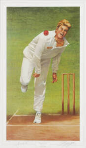 SHANE WARNE, print "Around the Wicket - Shane Warne" by d'Arcy Doyle, signed by Shane Warne and the artist, limited edition 1018/1500, framed & glazed, overall 72x108cm. With CoA.