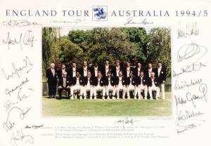 1994-95 ENGLAND TEAM, official team photograph, with title "England Tour, Australia 1994/5" and players names printed on mount, with 18 signatures on mount including Mike Atherton (captain), Phil Tufnell, Darren Gough & Graham Gooch, overall 42x30cm. Also