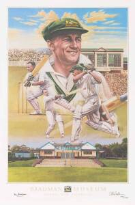 DON BRADMAN, signature on "Don Bradman" print by Brian Clinton, also signed by the artist & numbered 405/1000, published by the Bradman Museum, size 50x77cm. With CoA.