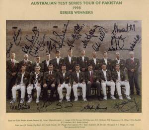 1998 AUSTRALIAN TEAM, official team photograph with title "Australian Test Series Tour of Pakistan, 1998, Series Winners", with 18 signatures on photo including Mark Taylor, Steve Waugh, Ricky Ponting & Glenn McGrath, size 34x28cm.
