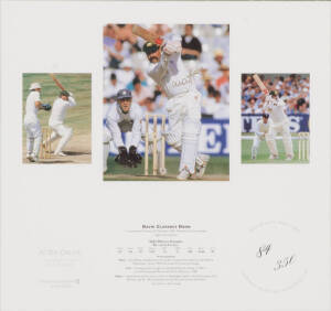 AT THE CREASE, signed prints of Allan Border, Ian Chappell, Greg Chappell, Neil Harvey, David Boon & Doug Walters, each numbered 84/250, each window mounted, framed & glazed, each overall 44x42cm. With CoAs.