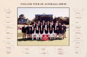 CRICKET GROUP: 1998-99 England Team photograph with 24 signatures on mount; Freddie Brown group with photographs (7) & ephemera; 1920-21 Tour photos (2); also "The Jock Livingston Testimonial Handbook" signed on front cover by Jock Livingston; press photo