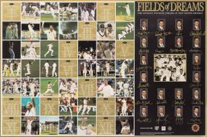 "FIELD OF DREAMS", lithograph celebrating the longest winning streak in Test Match Cricket, signed by 20 Australian cricketers including Steve Waugh, Glenn McGrath, Shane Warne & Colin Miller; limited edition 84/500, window mounted, framed & glazed, overa