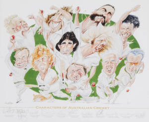 CRICKET PRINT, "Characters of Australian Cricket" by Harv, with 11 signatures including Max Walker, Merv Hughes, Doug Walters & Kerry O'Keefe, window mounted, framed & glazed, overall 78x68cm.