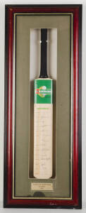 2002 AUSTRALIAN TEAM, full size Cricket bat with 14 signatures including Steve Waugh, Adam Gilchrist, Ricky Ponting & Brett Lee, in display case (faults), overall 44x104cm.