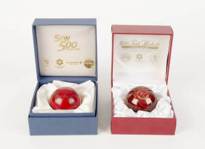 SHANE WARNE: "SKW 500 Cricket Ball" signed by Shane Warne, limited edition 58/200, in original presentation box; plus "Shane Warne - 600 Test Wickets, Commemorative Ceramic Cricket Ball", limited edition 142/600, in original presentation box. With CoAs.