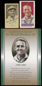 CRICKET CARDS & POSTCARDS, noted Don Bradman cards signed (2); Kanga Cards [63]; "In Celebration of the Life of Sir Donald Bradman AC" postcards (c250); other postcards including set of 3 forming c1900 panorama of Adelaide Oval. Mainly G/VG.