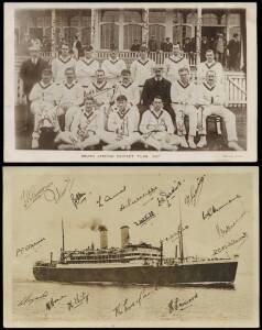 c1900-56 cricket postcards of teams, noted 1907 South Africa team with facsimile autographs; Orient Line RMS 'Orontes' with facsimile autographs of 1932-33 England Bodyline team; 1946-47 England with facsimile autographs on reverse. Fair/VG.