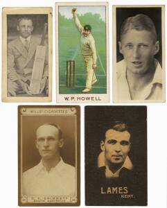 c1900-36 cricket cards, noted 1926 Wills (160+); Sweetacres Champion Chewing Gum (146); Australian (Giant) Licorice (56); Allens (76); Hoadleys (34); W.C.Douglass (2); McNivens (1); Smalls (3); Morrows (3). Poor/VG. Inspection will reward.