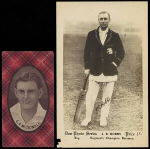 c1903-24 cricket cards (30), noted 1921 McIntyre Bros "Australian Champion Eleven 1920-21" (9) & Don Photo Series postcard of J.B.Hobbs; other sports cards (15) & movie stars (5). Also team photograph of Heidelberg Cricket Club 1935-36. Poor/G.