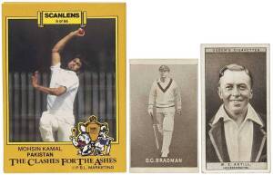 1926-86 cricket cards, noted 1926 Ogdens "Cricketers 1926" [50]; 1937 Griffiths (Black Crow) "Australian Cricketers" [1/11] - Don Bradman; 1986 Scanlens "Clashes For The Ashes" [66]. Mainly G/VG.