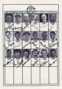 AUSTRALIAN TEST CAPTAINS: Team sheet with 18 signatures including Bill Brown, Don Bradman, Lindsay Hassett, Ray Lindwall & Richie Benaud.