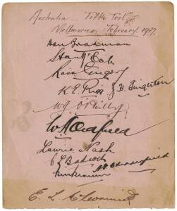 1936-37 AUSTRALIAN TEAM, autograph page with 12 signatures including Don Bradman, Ross Gregory & Laurie Nash.