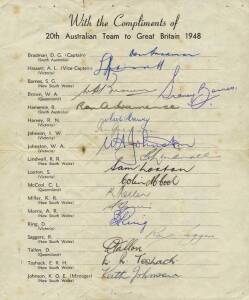 1948 AUSTRALIAN TEAM, official team sheet with 17 signatures including Don Bradman, Lindsay Hassett & Keith Miller; plus the usual handstamp of Sidney Barnes. Poor/Good condition (some tone spots).