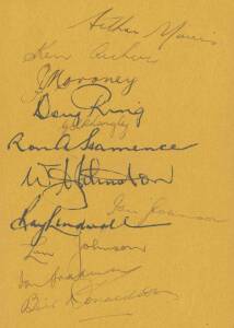 1949 Lindsay Hassett's XI v Arthur Morris' XI (Kippax & Oldfield Testimonial at SCG), autograph pages (2) with 24 signatures including Don Bradman, Lindsay Hassett, Keith Miller & Arthur Morris.