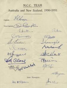 1950-51 England team sheet with 20 signatures including Freddie Brown, Denis Compton & Len Hutton; plus 1950 West Indies team sheet with facsimile autographs.