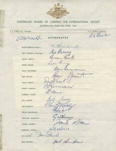 1961 AUSTRALIAN TEAM, official team sheet with 19 signatures including Richie Benaud (captain), Neil Harvey, Bill Lawry & Wally Grout. (Fair/Good condition (tape stains at left).