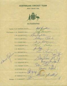 1978 AUSTRALIAN TEAM TO WEST INDIES, official team sheet with 17 signatures including Bob simpson, Jeff Thomson & Kim Hughes; plus signed on reverse by 13 members of West Indies team.