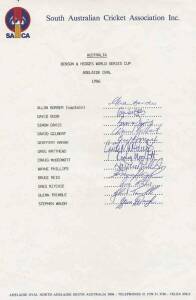 1986 AUSTRALIAN ODI TEAM, SACA team sheet with 12 signatures including an early Steve Waugh. Rare. [In this series Australia suffered and it remains our heaviest loss in an ODI game - Aust lost to NZ by 206 runs].