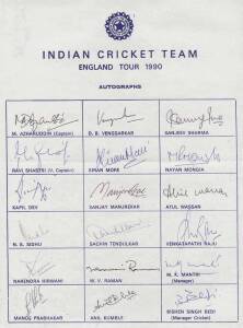 1990 INDIA TOUR TO ENGLAND, official team sheet with 18 signatures including Sachin Tendulkar on his first tour to England. Sachin scored his 1st Test century - he now holds the record for the most Test & ODI centuries.