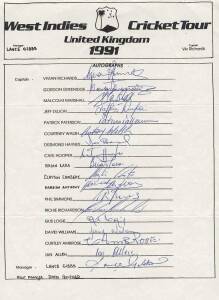 1991 WEST INDIES TOUR TO ENGLAND, official team sheet with 18 signatures. The Changing of the Guard - Viv Richards last tour & last Test match; Malcolm Marshall's last Test match; Brian Lara's first tour of England.