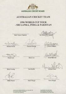 1996 AUSTRALIAN TOUR TO WORLD CUP, official team sheet with 9 signatures, including Glenn McGrath, Shane Warne & Steve Waugh. Incomplete, but rare team sheet we haven't seen before. [Sri Lanka defeated Australia in the Final].