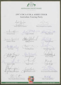 1997 Australian Team for Ashes tour, official team sheet with 22 signatures including Mark Taylor (captain), Steve Waugh, Adam Gilchrist & Shane Warne, window mounted, framed & glazed, overall 40x48cm. Fine condition.