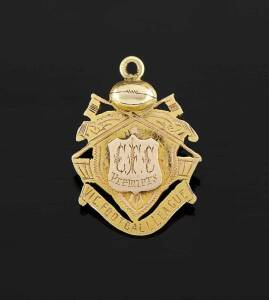 1908 CARLTON PREMIERSHIP MEDAL, 15ct gold medal decorated with football & pennants, with text at centre "C.F.C./ Premiers", with below "VIC. FOOTBALL LEAGUE", engraved on reverse, "Presd by A.McCracken Esq, President, 1908, E.Kelly", very attractive and r