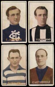 1922 Thorp's Chocolate Fudge "Football Captains" [4/19 known], comprising E.Jameson (Carlton), T.Drummond (Collingwood), C.Lethbridge (Fitzroy) & H.Craven (Geelong). Fair/G. Scarce.