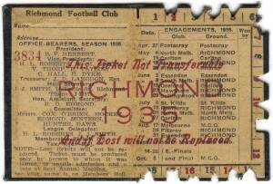 RICHMOND: Member's Season Ticket for 1935, with fixture list & hole punched for each game attended. Fair condition.