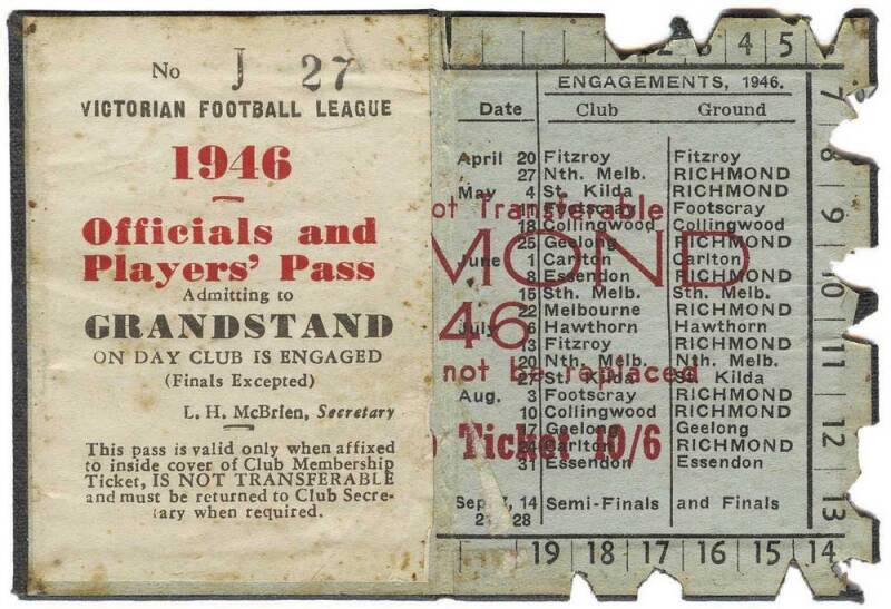 RICHMOND: Member's Season Ticket for 1946, with label applied "Official and Players' Pass", and fixture list & hole punched for each game attended. Fair/Good condition.