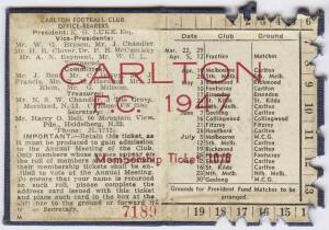 CARLTON: Member's Season Ticket for 1947 (Premiership Year), with fixture list & hole punched for each game attended. Good condition. {Carlton's 8th Premiership].