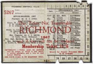 RICHMOND: Member's Season Ticket for 1947, with fixture list & hole punched for each game attended. Fair/Good condition.