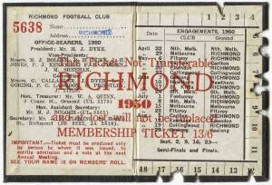 RICHMOND: Member's Season Tickets for 1950, 1951, 1954, 1956, 1957 & 1959, each with fixture list & hole punched for each game attended. Fair/Good condition. 