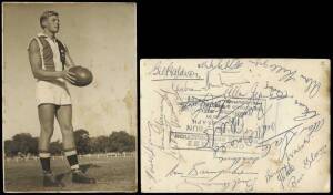 ST.KILDA: Photograph of Neil Roberts, signed on reverse by 1956 team, with 18 signatures including Brian Gleeson, Allan Jeans, Alan Killigrew & fan Graham Kennedy; plus Neil Roberts signature on separate page.