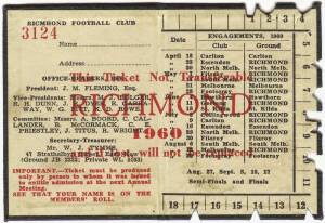 RICHMOND: Member's Season Tickets for 1960, 1962, 1963, 1965, 1966 (2), 1967 (Premiership Year) & 1969 (Premiership Year), each with fixture list & hole punched for each game attended. Fair/Good condition.