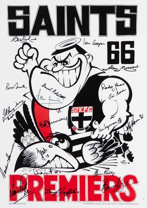 ST.KILDA: 1966 Premiership Team, "SAINTS 66" Weg poster, signed at 2004 Premiership Players Club induction, with 18 signatures including Ian Cooper, Ross Smith, Verdun Howell & Barry Breen, limited edition 25/66, size 42x60cm. With CoA.