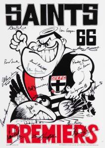 ST.KILDA: 1966 Premiership Team, "SAINTS 66" Weg poster, signed at 2004 Premiership Players Club induction, with 18 signatures including Ian Cooper, Ross Smith, Verdun Howell & Barry Breen, limited edition 25/66, size 42x60cm. With CoA.