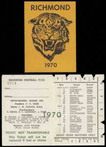 RICHMOND: Member's Season Tickets for 1970 (2), 1972, 1973 (Premiership Year), 1974 (Premiership Year),1975, 1976, 1977,1978, 1979, 1985 & 1986, each with fixture list & hole punched for each game attended. Fair/Good condition.