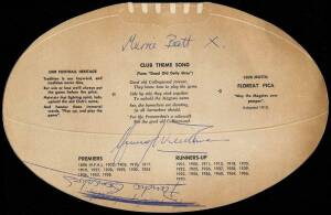 COLLINGWOOD: c1975 football-shaped Wine List signed on reverse by Murray Weidemann, Murrie Batt & Pancho Gonsalves.