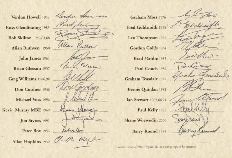 BROWNLOW MEDALLISTS: Two A4 cards with signatures of 48 Brownlow medallists including Dick Reynolds, Keith Greig, Ian Stewart, Bob Skilton, Verdun Howell, Brian Gleeson, Michael Voss, Kevin Murray, Peter Bedford, Tony Liberatore, Malcolm Blight, John Plat