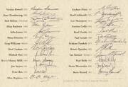 BROWNLOW MEDALLISTS: Two A4 cards with signatures of 48 Brownlow medallists including Dick Reynolds, Keith Greig, Ian Stewart, Bob Skilton, Verdun Howell, Brian Gleeson, Michael Voss, Kevin Murray, Peter Bedford, Tony Liberatore, Malcolm Blight, John Plat