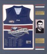 FOOTSCRAY: HARRY HOCKEY TEAM OF THE CENTURY JUMPER: "Western Bulldogs/Footscray F.C. Team of the Century" display comprising special Footscray Team of the Century jumper embroidered with the players in their positions; window mounted with plaque for Harry