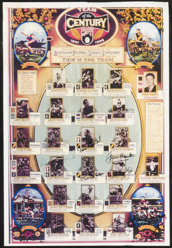 AFL TEAM OF THE CENTURY: Colour photo of AFL Team of the Century display, with 12 facsimile autographs, framed, overall 50x60cm. Ex Ted Whitten collection.