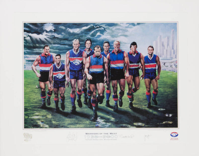 FOOTSCRAY/WESTERN BULLDOGS: "Warriors of the  West" print by Jamie Cooper, signed by Chris Grant, Tony Liberatore, Scott Wynd & the artist, numbered 159/250, window mounted, framed & glazed, overall 111x90cm. With CoA.