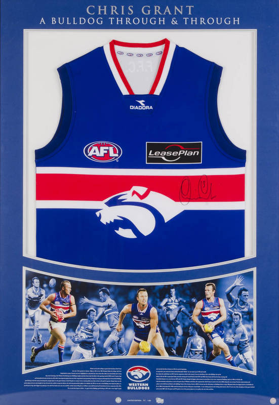 CHRIS GRANT (FOOTSCRAY): Display "Chris Grant - A Bulldog Through & Through" comprising signed Western Bulldogs jumper, window mounted with photo montage, limited edition 41/100, framed & glazed, overall 81x115cm. with CoA.